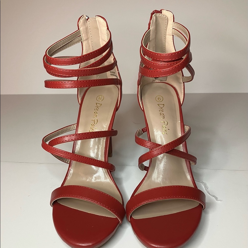 DREAM PAIRS WOMENS SIZE 6 RED 4” HIGH HEELS ZIPPER BACKS OPEN TOE STRAP SANDALS